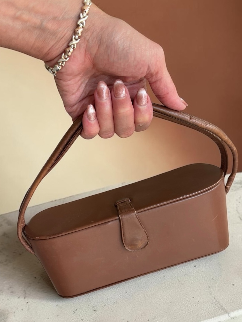Vintage Cognac Leather Hard Box Top Handle Handbag w Mirror Lid